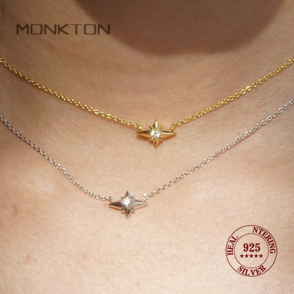 

Monkton 925 sterling silver Dainty North Star Pendant Necklace Delicate Cubic Zirconia Starburst Choker Jewelry Gift for Women