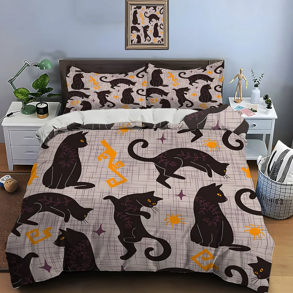 Schwarze Katzen mit Dekormustern bedruckt, weicher, bequemer Bettbezug, Bettwäsche-Set inklusive 1 x Bettbezug, 2 x Kissenbezüge als Geschenk