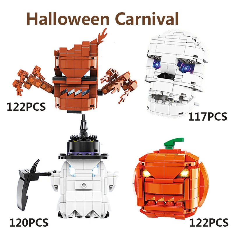 

117PCS+Halloween Series Building Blocks Pumpkin Head Tree Monster Horror Decoration Skull Model Brick DIY Carnival Toys Children