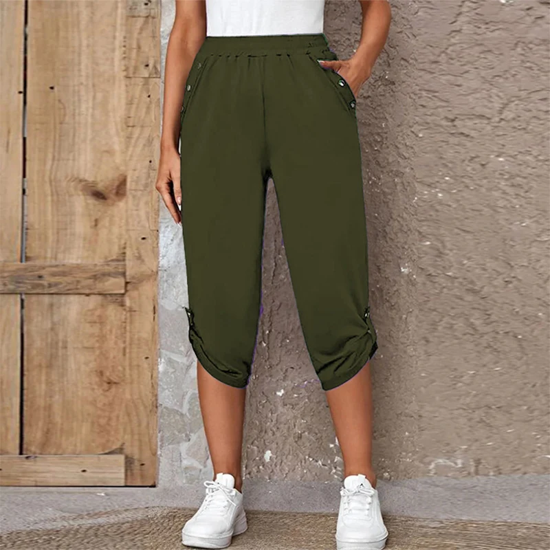 Summer New Elastic High Waist Solid Color Pants Ladies Casual Fashion All-match Trousers Women Comfortable Sporty Loose Shorts