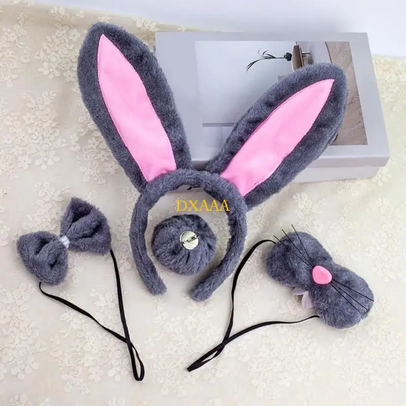DXAA Easter Bunnies Costume Set Ears Tail Bowtie Gloves Animal Fancy Costume Accessories for Kids Halloween Cosplay Props