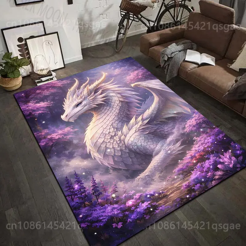 1 Stück Teppich mit Aufdruck „Weißer Drache im lila Wald“ für Wohnzimmer, Schlafzimmer, Sofa, Fußmatte, Heimdekoration, rutschfeste Bodenmatte