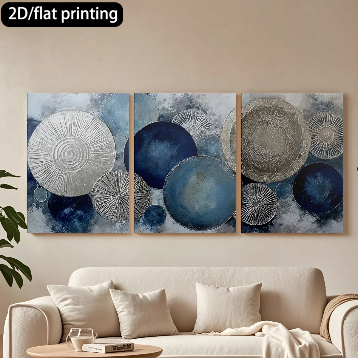 

2D плоская печать, 3-х частная декоративная картина на холсте в деревянной раме, настенное искусство, круги, синий, серебристый цвет. Декор для коридора и спальни.