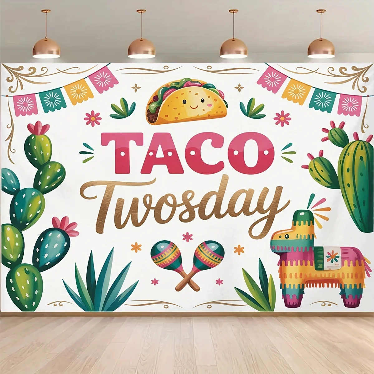 2D-Tuch mit flachem Hintergrund – Buntes mexikanisches „Taco Tuesday“-Muster für Fotografie, Party-Dekoration