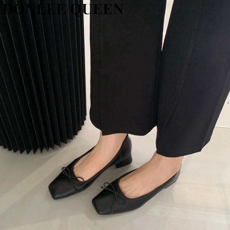 French Square Toe Bow Flats Shoes 2023 New Autumn Shallow Fairy All-match Gentle Office Dress Low Heels Pumps Female Ballerina