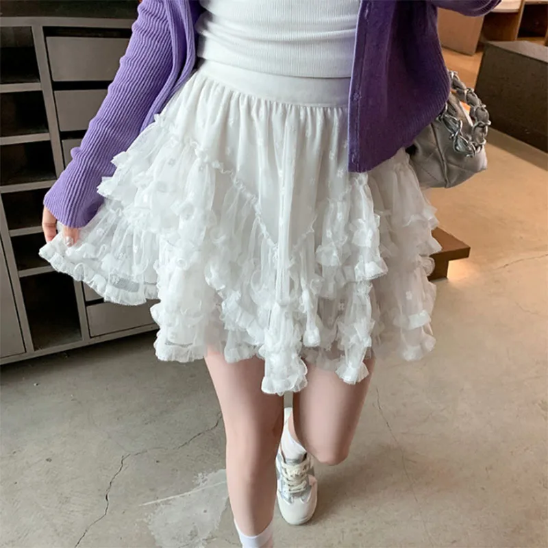 Young Girl White Lace Cake Skirts Woman Sweet Cute Ruffles Sheer Lolita Mini Skirt Women Anti-Light Wooden Puffy A-Line Skirts