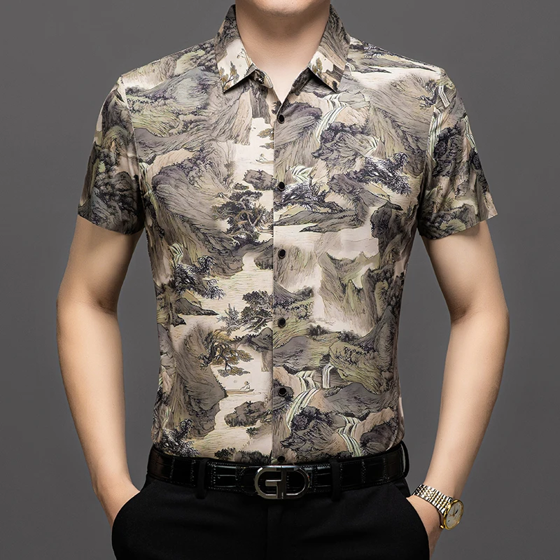 Chinese Style 3D Print Shirts For Men Short Sleeve Amazing Silky Summer Cool Feeling Quality Skin-Friendly Fashion Chemise Homme