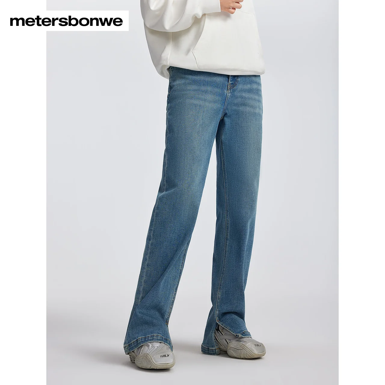 Metersbonwe-Women's Stretch Fleece Thick Warm Soft Jeans Slim Straight Leg Denim Pants Waist Two Button Stylish High Quality