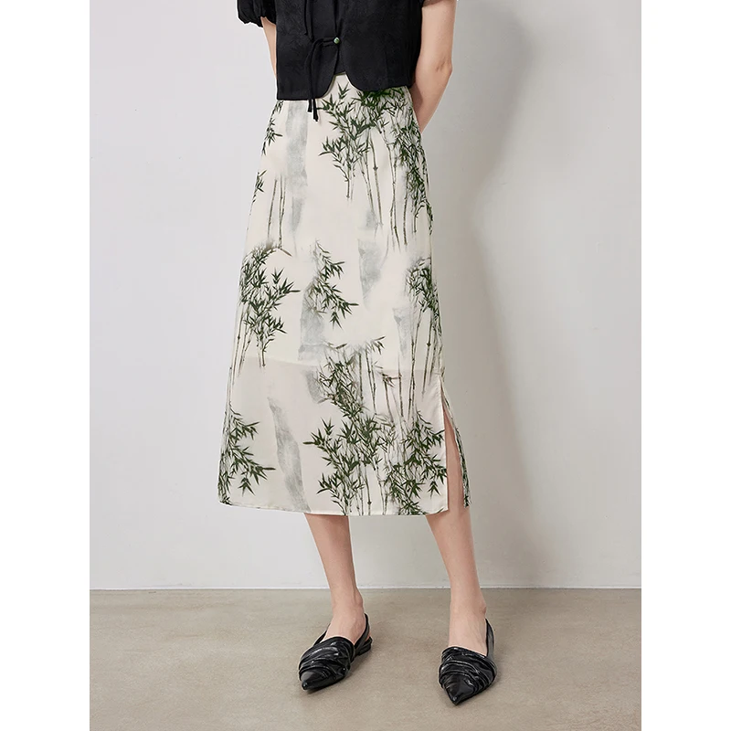 TOYOUTH Women Two Piece Sets 2024 Summer New Chinese Style Black Pullover Tops With Bamboo Printed Skirt Elegant Chinese Clothes