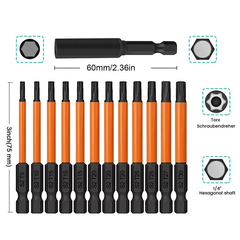 13Pcs 75mm Torx & Security Torx Bit Set – 1/4