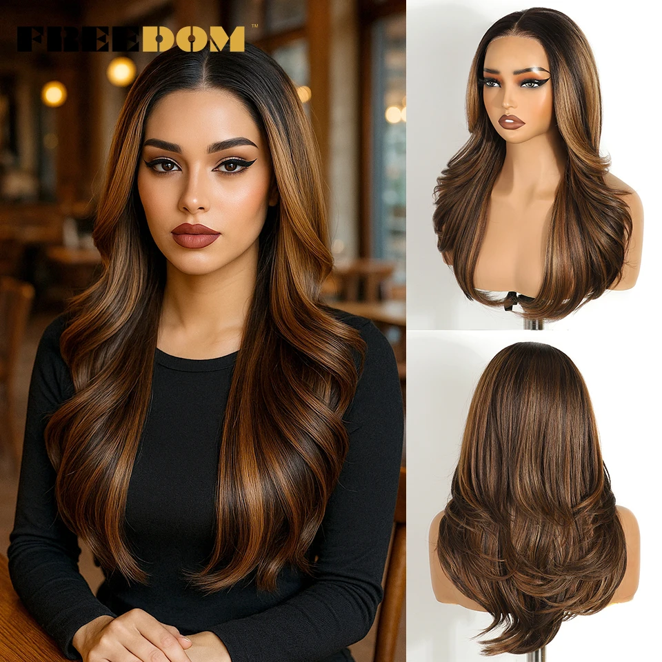 

FREEDOM Layered Synthetic Lace Front Wigs For Women Natural Wavy Ombre Blonde 6x4 Pre Plucked Pre Cut Wear And Go Glueless Wigs