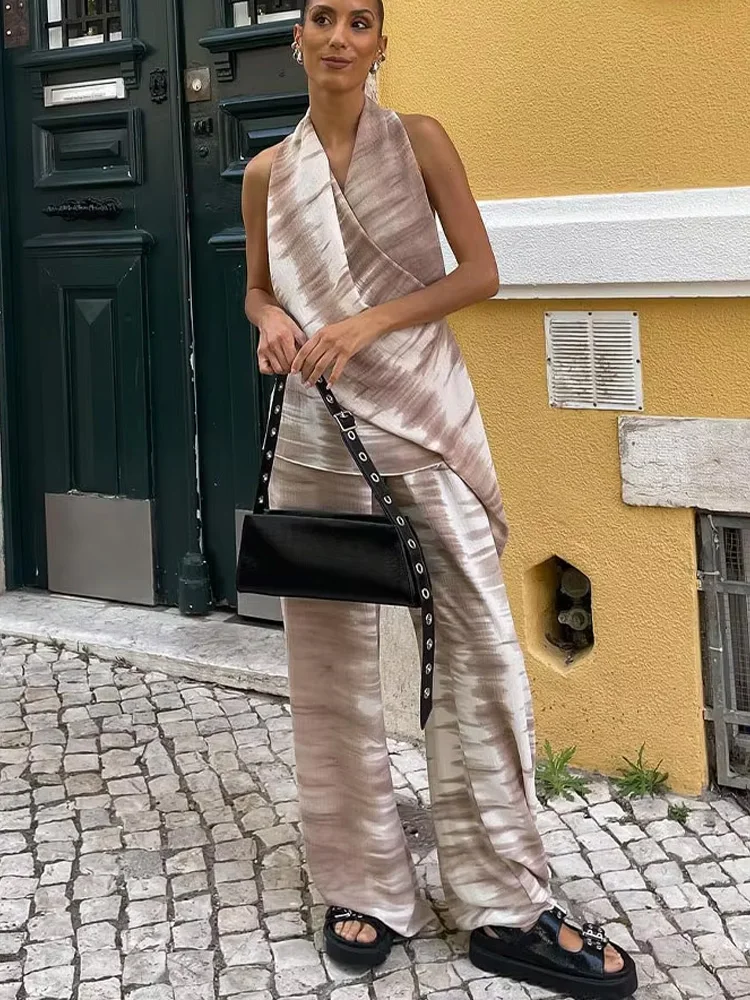 HH Women Summer Fashion Casual Backless Tie-dye Tops 2 Piece Set Vintage Lace Up Elastic Waist Wide Leg Pants Suits TRAF