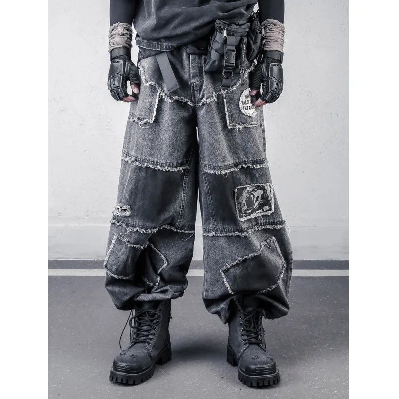 HKSH Spring Men Tide Dark Niche Waste Land Safari Style Patchwork Denim Pants Vintage Jeans Sprayed Deconstructed Split HK21587