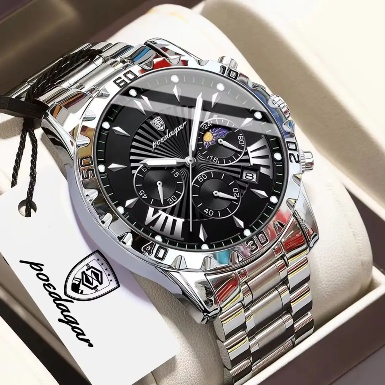 POEDAGAR Top-Luxus-Herrenuhr, lässig, leuchtend, wasserdicht, Edelstahl, Chronograph, Datum, Quarz, modische Herrenuhr