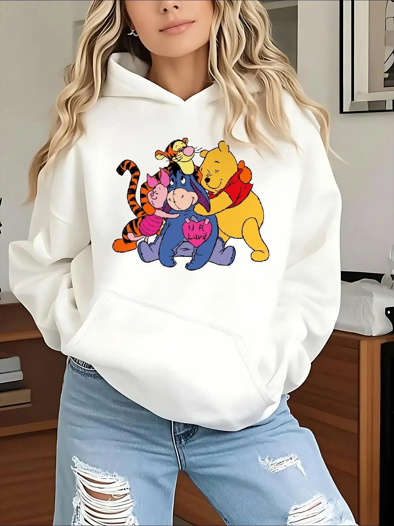 Damen Disney Winnie The Pooh Hoodies Mode Übergroße Streetwear Unisex Sweatshirts Herbst und Winter Fleece Lässig Vielseitig