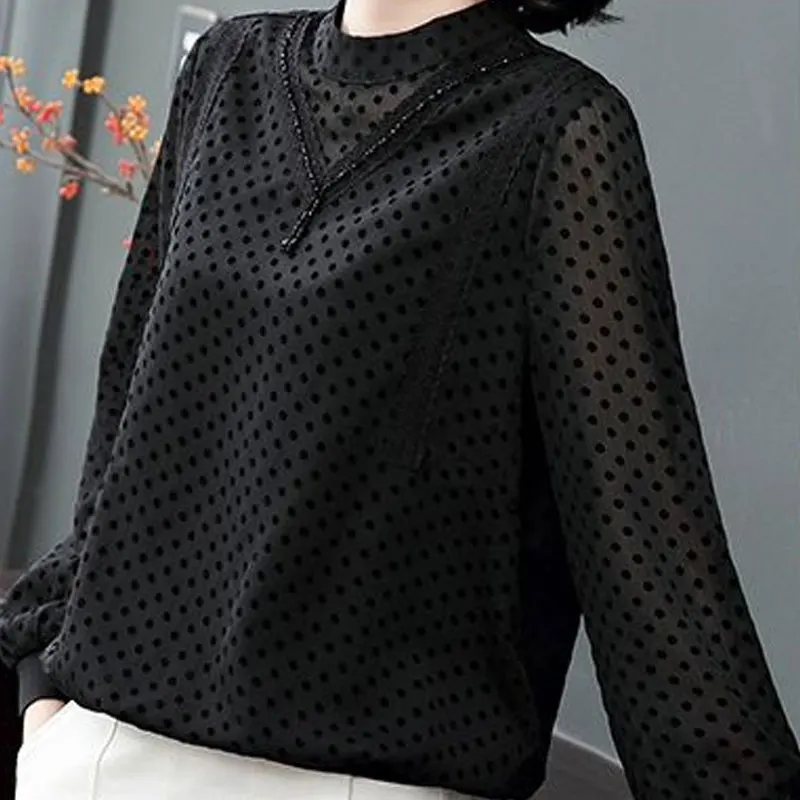 Commute Polka Dot Printed Blouse Fashion Beading Tassel Women\'s Clothing Lace Spliced Spring Autumn Casual Stand Collar Shirt