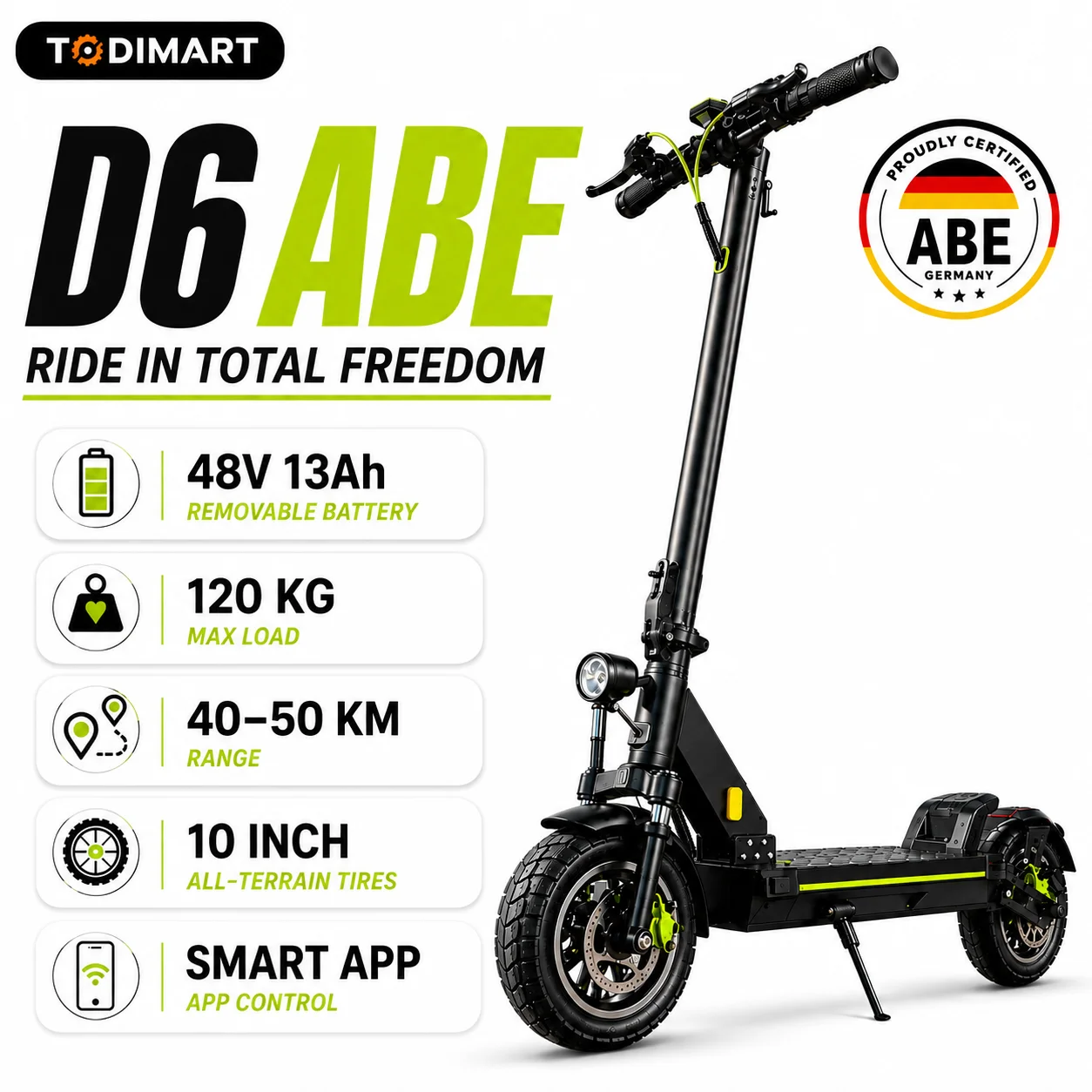 TODIMART D6ABE Faltbarer E-Scooter mit ABE für Erwachsene 48V 13Ah Herausnehmbarer Akku 40-50KM Reichweite 10 Zoll Luftreifen Frontfederung Smart APP Doppelbremse mit Straßenzulassung