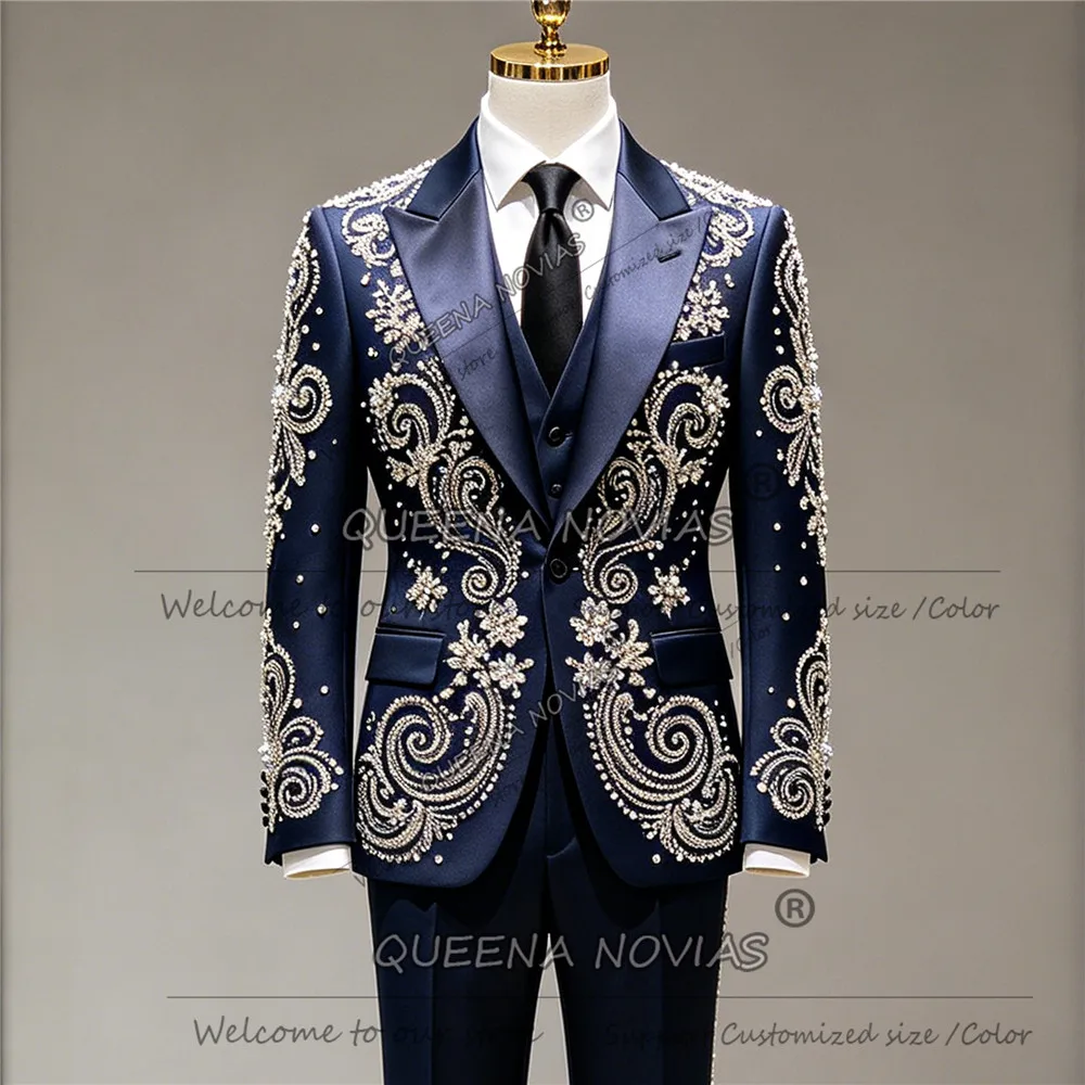 

Brilliant Men's Suit For Wedding Sliver Crystals Beading Groom Tuxedos 3 Piece Sets Man Banquet Outfits Customized Ropa Hombre