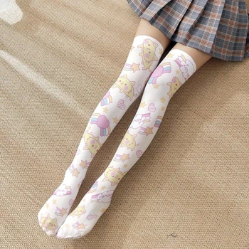 Medias altas hasta el muslo con estampado de conejo de dibujos animados de Lolita para mujer, Anime japonés Kawaii, lazo de fresa, Cosplay por encima de la rodilla, calcetines largos
