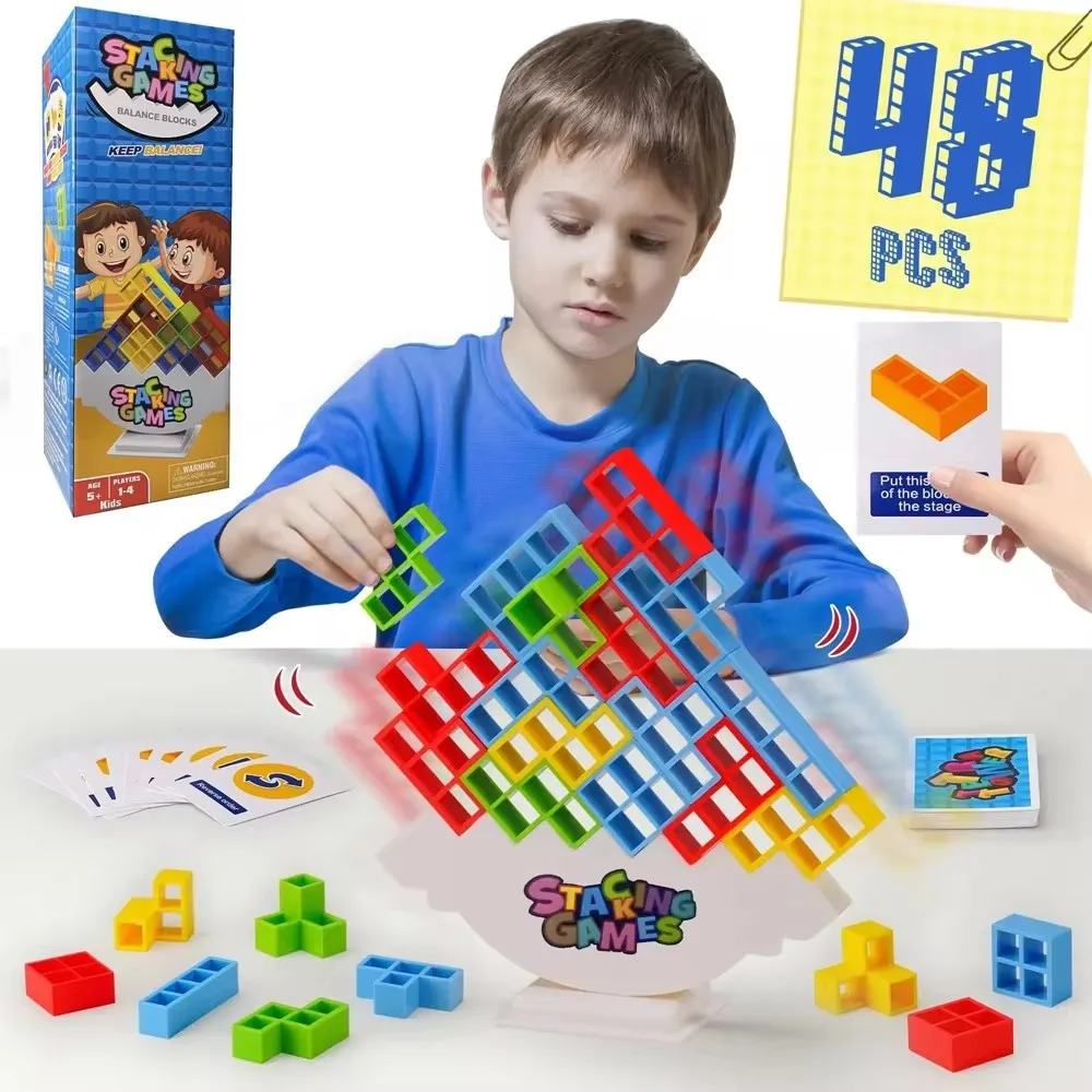 48 Blocks Building Block Brick Toy Balance Stacked Tetra Tower Game Swing High Russian Building Block Stack Kid Desktop Toy Gift