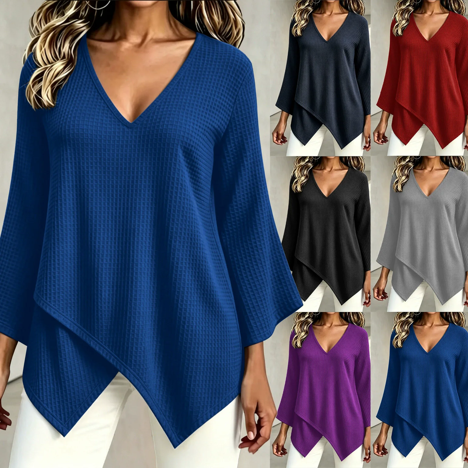 2026 Autumn Blouses Women's Fashion Waffle Long Sleeve Loose Oversized Shirt Casual V-Neck Solid Colors Irregular Plus Size Tops