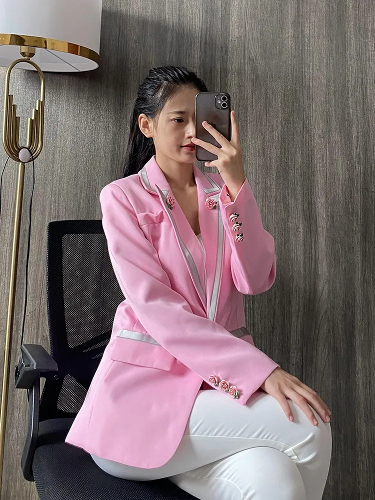 Fashion Office Ladies Pink Blazer Suit Jacket Sweet Flowers Designer Women Casual Blazer Tops Spring New Loose Fit Work Coats