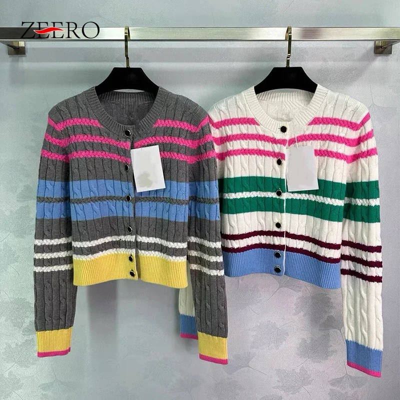 Fall Winter Women Vintage Striped Colour Blocking Knitted Cropped Cardigan Female Soft Warm O-neck Crochet Sweater Tops Coats