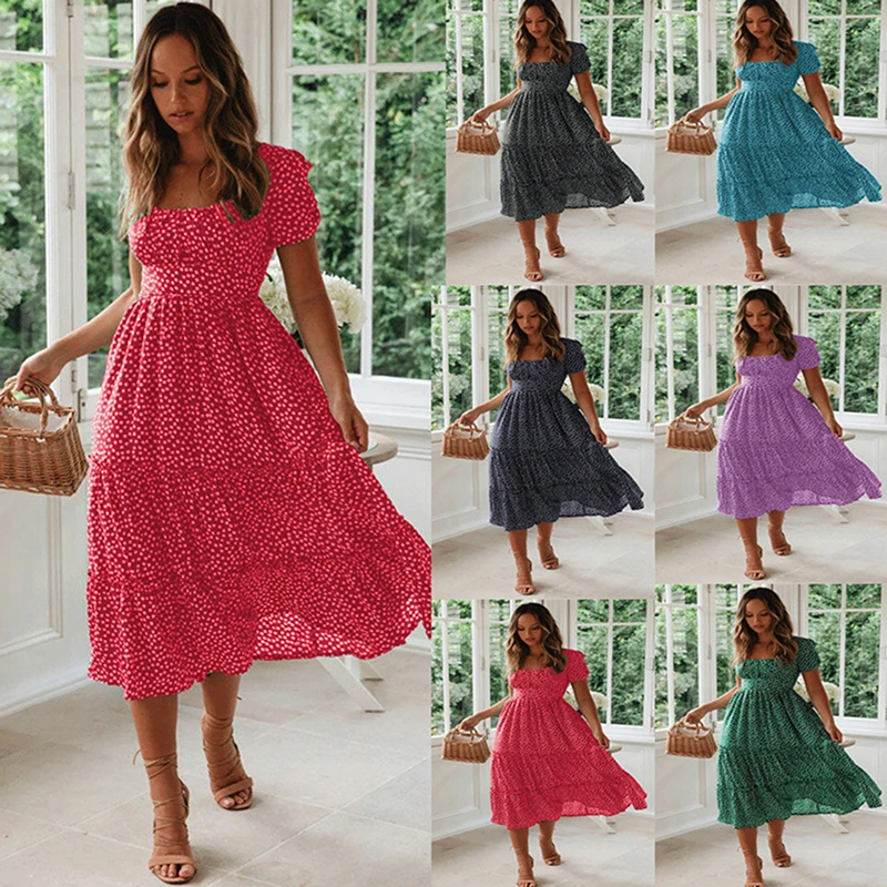 Robe mi-longue élégante à imprimé floral pour femmes, manches courtes, évasée, col carré, sexy, décontractée, vacances, fête, nuit, dame