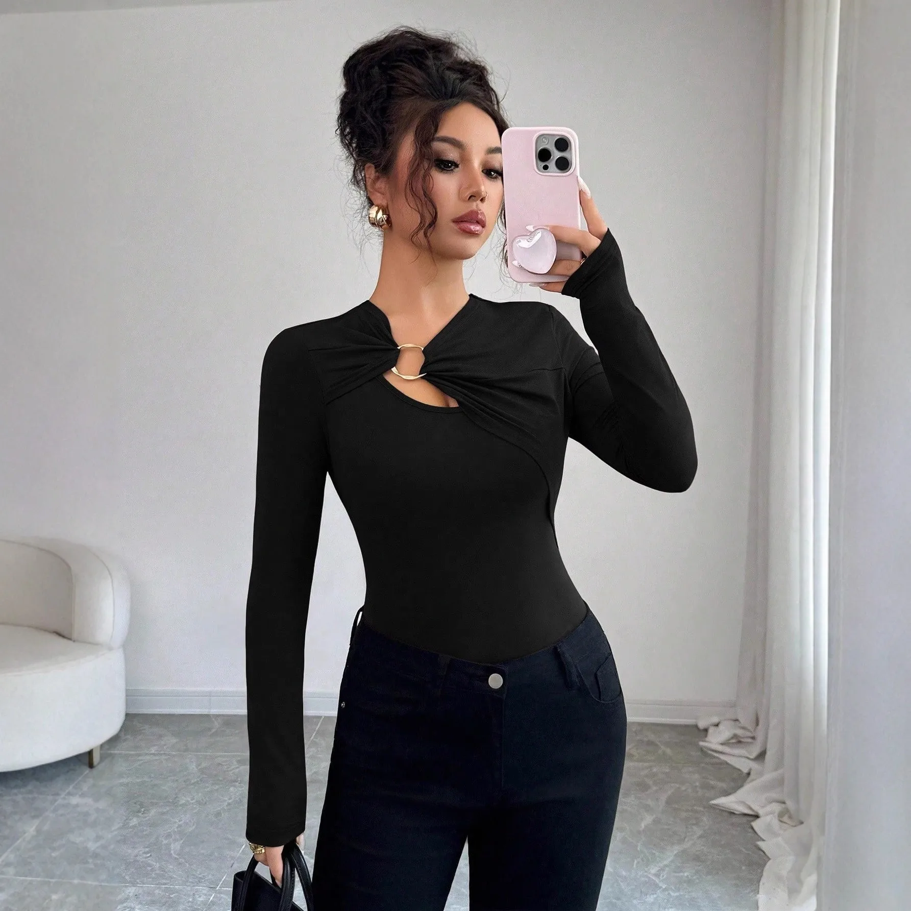 Asymmetric Slim Fit Top Asymmetrical Elegant Professional with Regular Length Irregular Neckline Long Sleeve T Shirts for Women