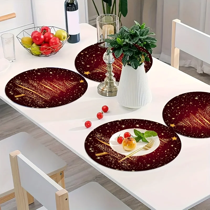 VIKAMA Happy New Year 2027 Gold Christmas Tree Round Placemat Set of 4 Burgundy Starry Round Table Mats Xmas Holiday