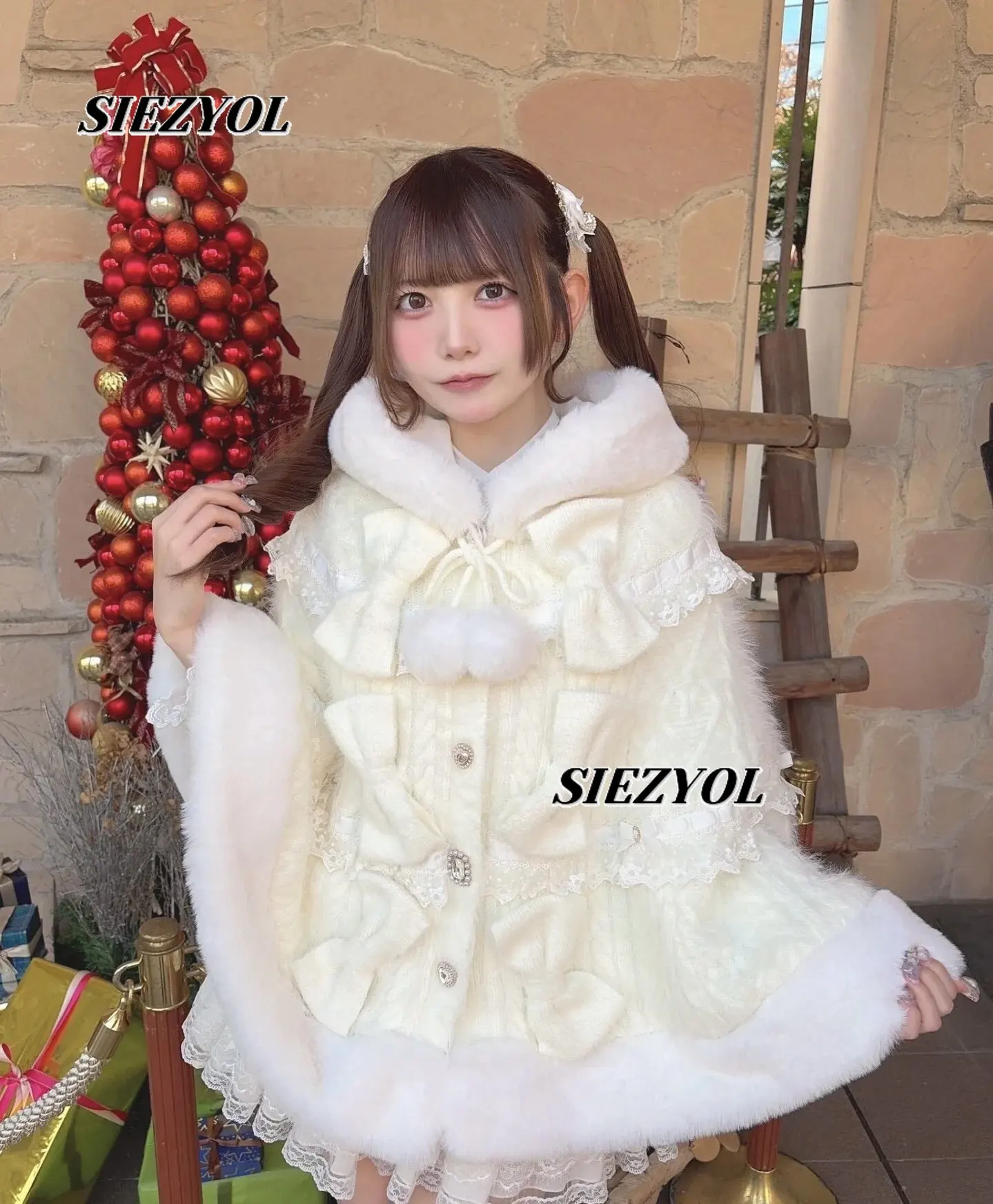 

Japanese Sweet Soft Thick Women's Double-Layer Big Ribbon Hooded Knitted Cloak 3 Colors Autumn and Winter Ponchos Warm Jacket