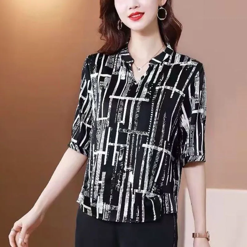 2024 Summer New Pullovers V-Neck Versatile Korean Version Loose Casual Fashion Short Sleeve Commuter Printed Chiffon Tops