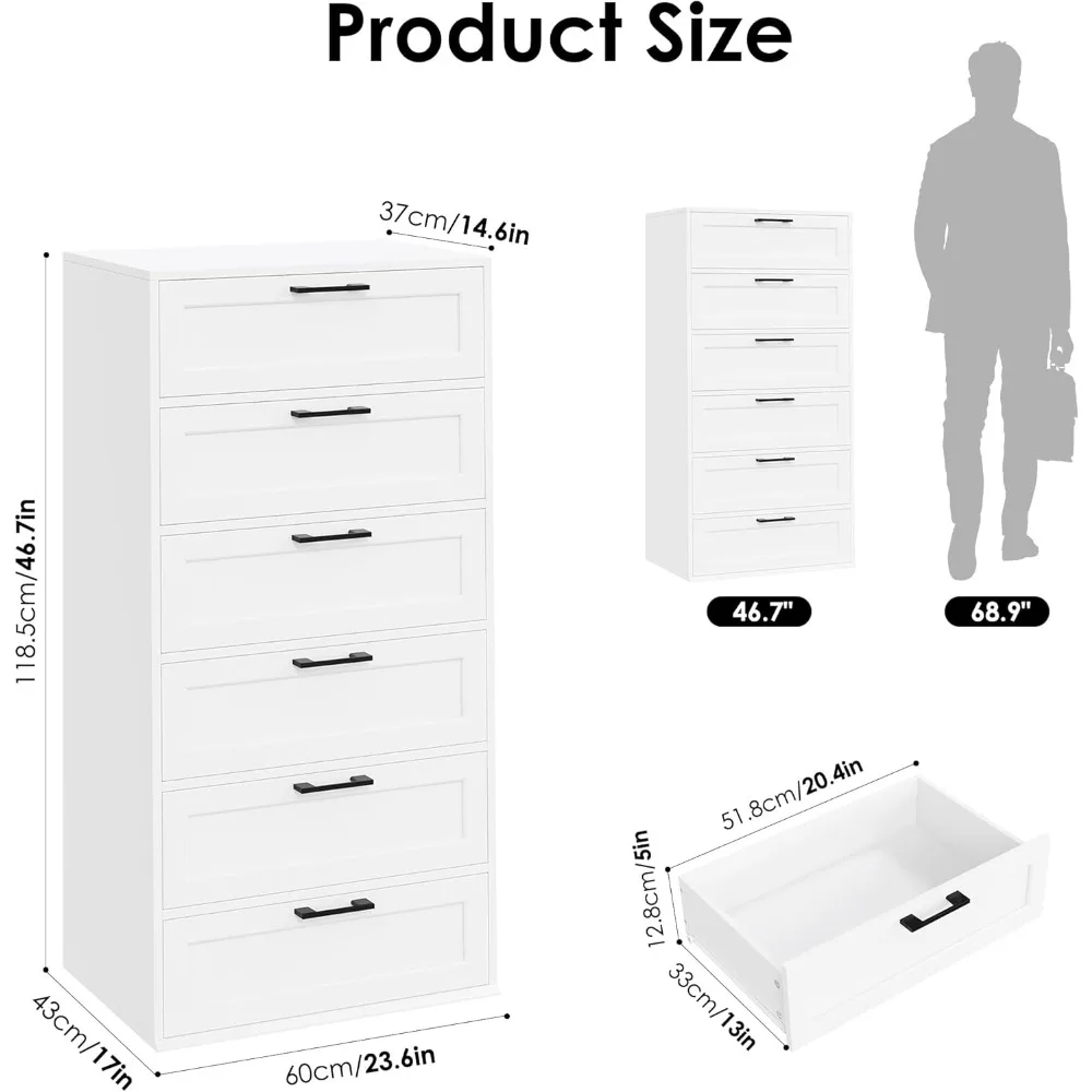 Dresser for Bedroom, White Dresser with 6 Drawers, Trapezoidal Design Dresser Chest of Drawers for Bedroom, Wood Tall Dressers