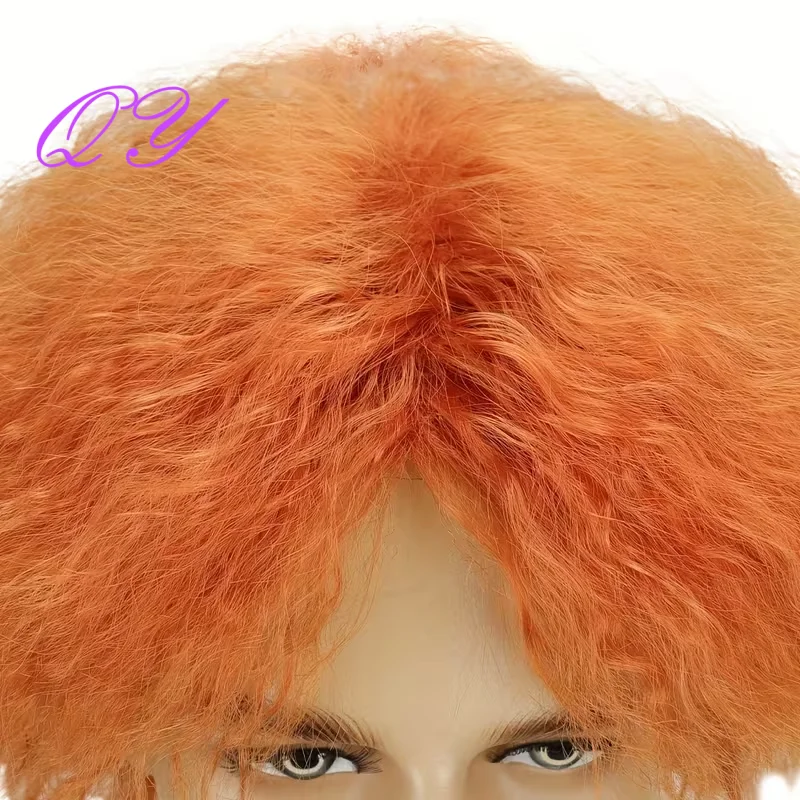Men Short Orange Fluffy Afro Curly Wig Heat Resistant Synthetic Hair Wigs  Halloween Carnival Cosplay Party Costume Wig view 4