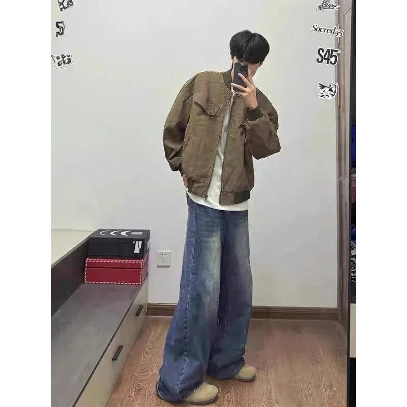 

Коричневая рабочая одежда большого размера, мужская весенне-осенняя модная бейсбольная одежда, повседневное пальто Harlingston в американском стиле ретро