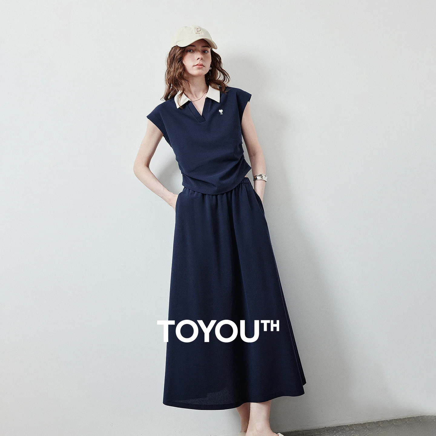 TOYOUTH Women Color Block Two Pcs Set 2026 Summer New Cropped T-shirt High Waist Long Skirt Tennis Quiet Luxury Casual Outfit