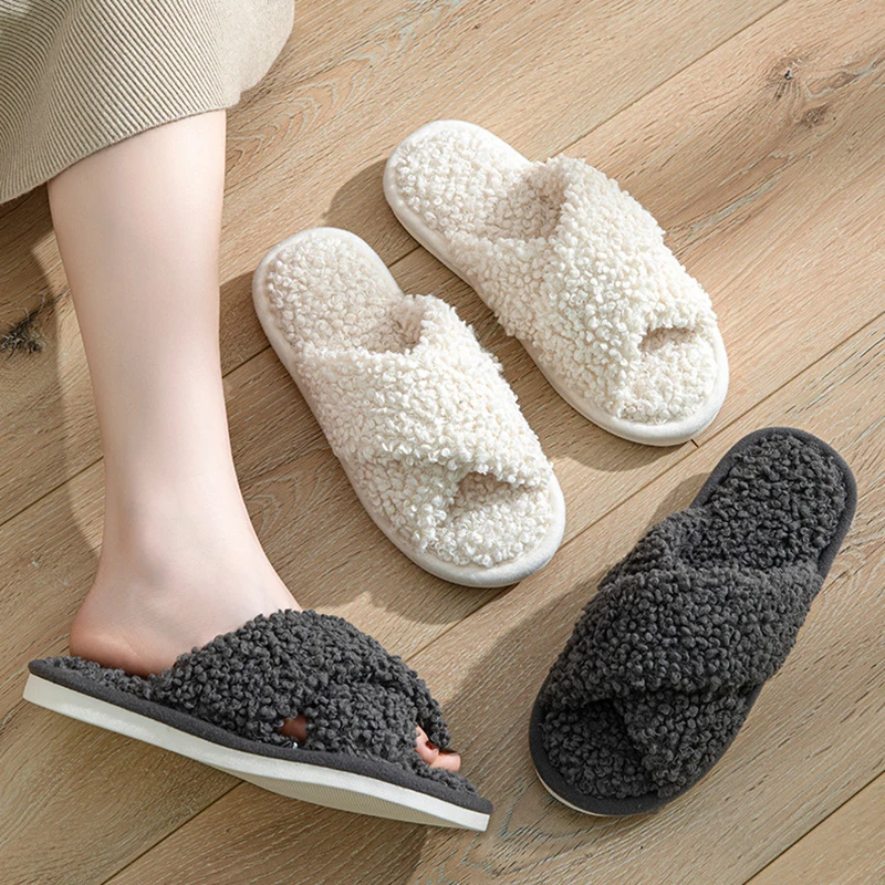 Fashion Cross Strap Fuzzy Slippers Women Indoor House Non Slip Warm Plush Woman Slippers Winter Comfort Soft Sole Cotton Slides