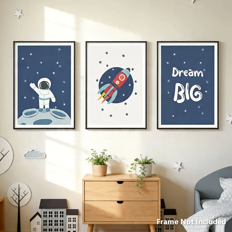 （Noframe 3PCS)-2D Flat, 1 Set of 3 Vertical Space Astronaut & Rocket Wall Art Prints - 