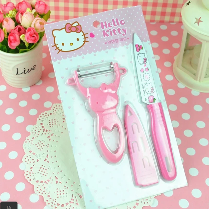 

Kawaii Hello kitty Anime Sanrio Fruit Knife Set Peeler 2-Piece Set Cute Dormitory Household Peeler Portable Fruit Knife Toys