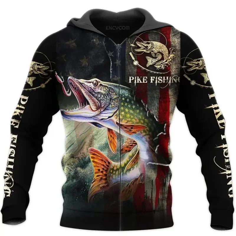 Otoño e Invierno nueva sudadera con capucha con cremallera para hombres con patrón de pesca de carpa 3D impreso moda al aire libre Sudadera con