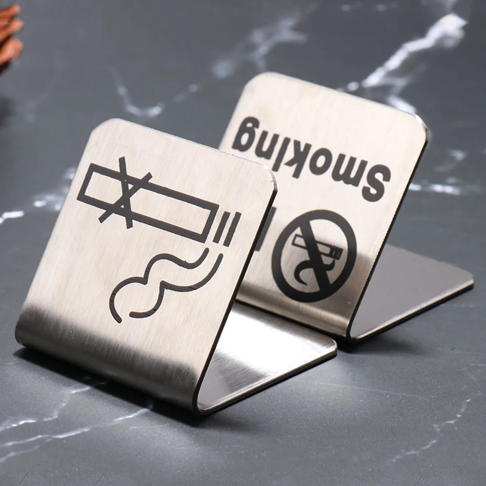2 Pcs No Smoking Sign Simple Design Signs Tent Easy to Clean Desk Stainless Steel for Home