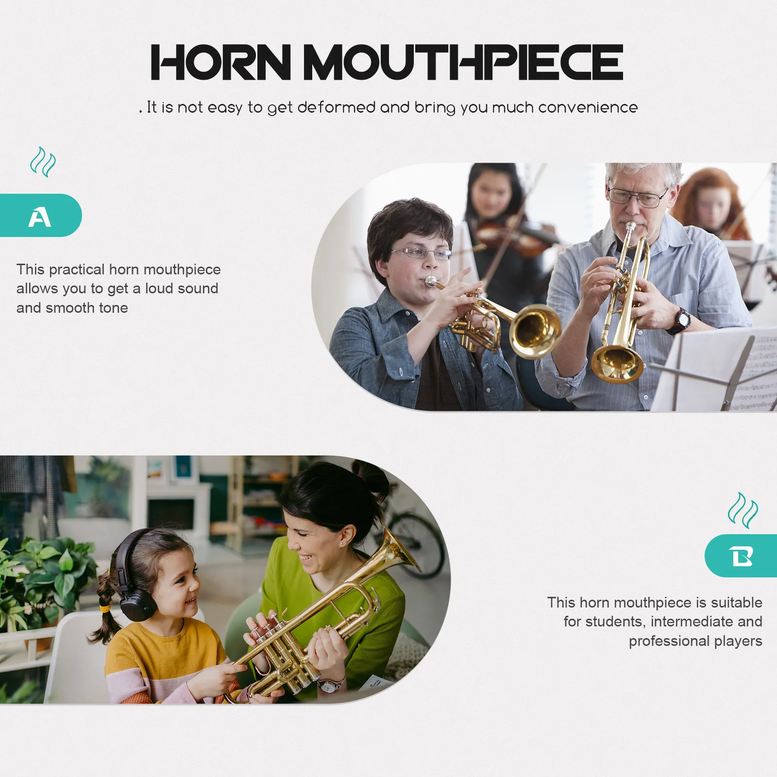 

Гладкий мундштук для духовых инструментов: для начинающих, среднего и профессионального уровня, прочный, удобный, устойчивый к деформации.