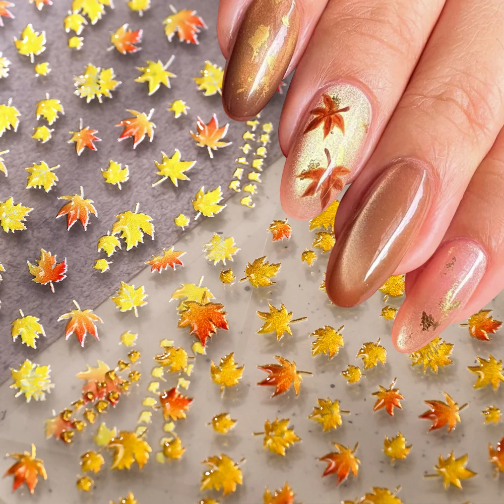 

1Pc 5D Embossed Jelly Maple Leaf Nail Stickers Shiny Red Yellow Maple-Leaves Self-Adhesive Nail Decals Fall-Leaf Manicure Slider