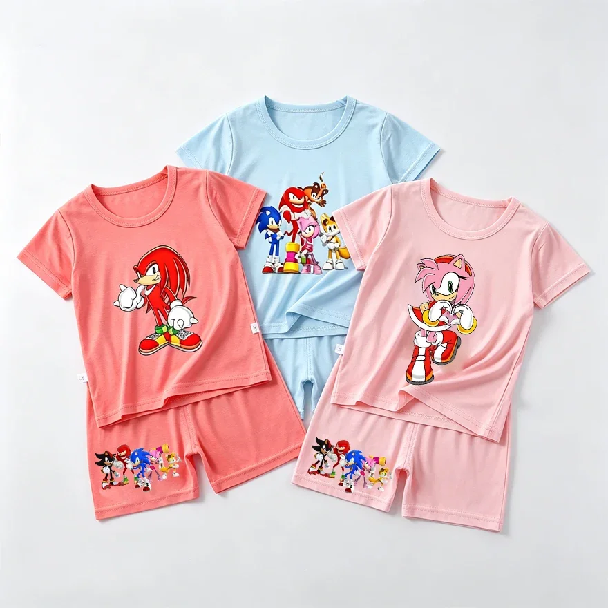 Soniced Baby Pajamas Set Cute Anime Print Boy Girl Sleepwear Kids Thin T-shirt Tops Shorts Party Game Clothes Summer Kawaii Gift