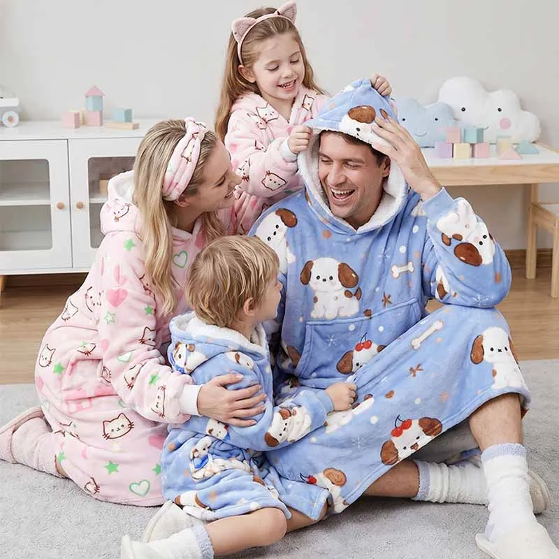 Kids Adults Family Hooded Robe Sleepwear Autumn Winter Flannel Fleece-Lined Warm Homewear Cartoon Print Thicken Home Clothes