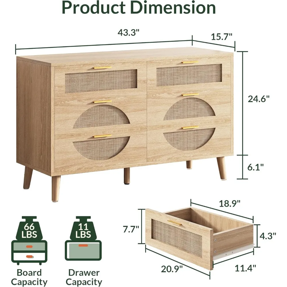 6 Drawer Dresser for Bedroom Modern Boho Rattan r Wood Chest of Drawers with Gold Handles&Wood Legs