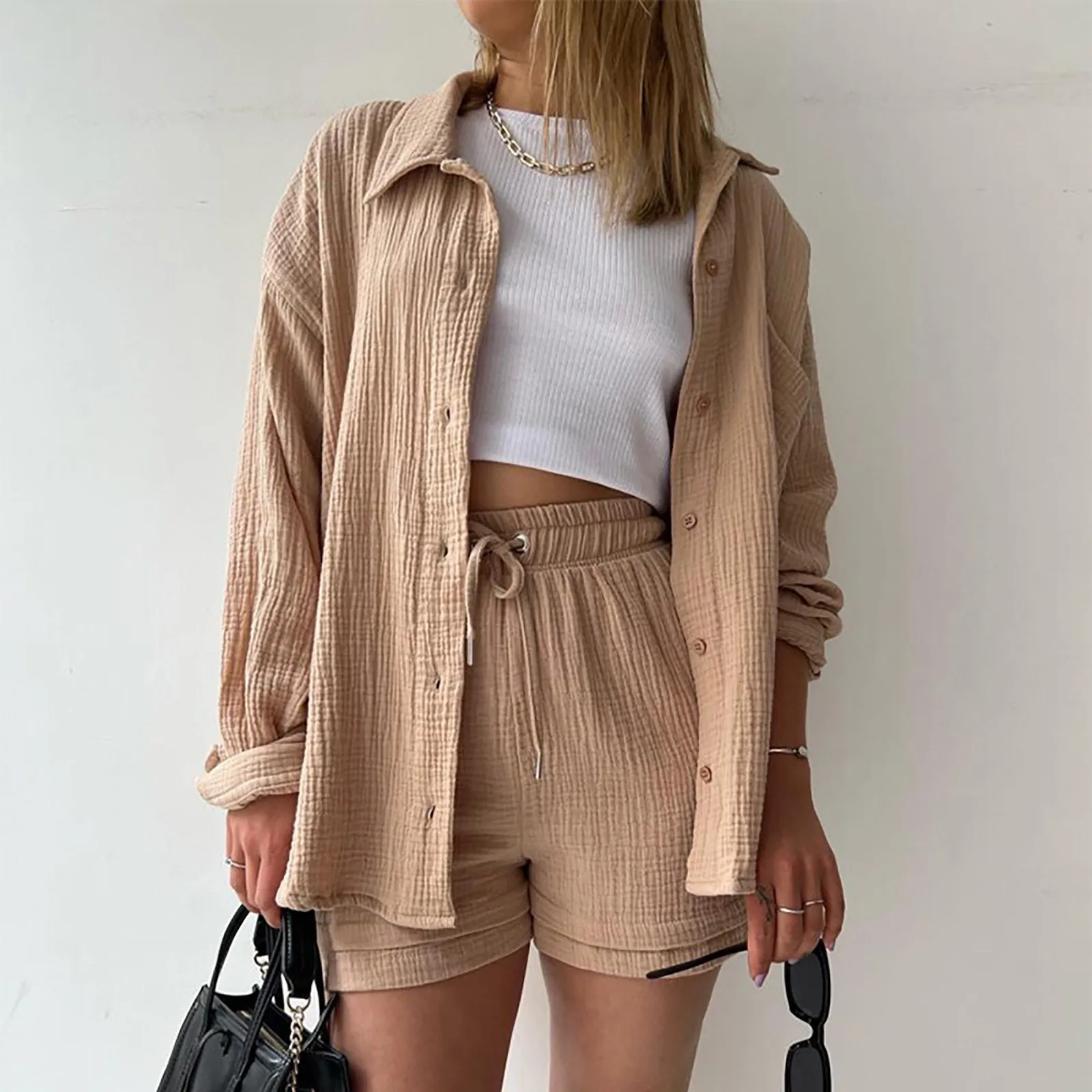 Women Solid Shirts And Shorts Sets Summer Women 2 Pieces Shorts And Shirts Ladies Long Sleeve Shirt High Waist Drawstring Shorts