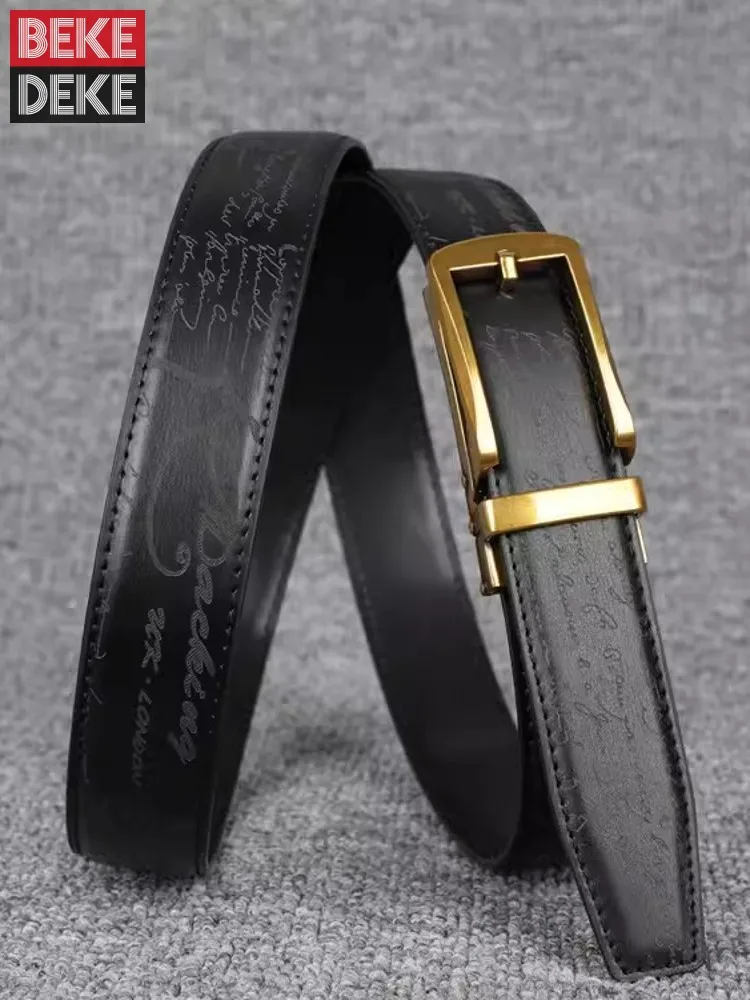 

Mens Cow Split Leather Automatic Buckle Belt Laser Letters Strap For Pants Width 3.1cm Fashion Mens Waistband Belts