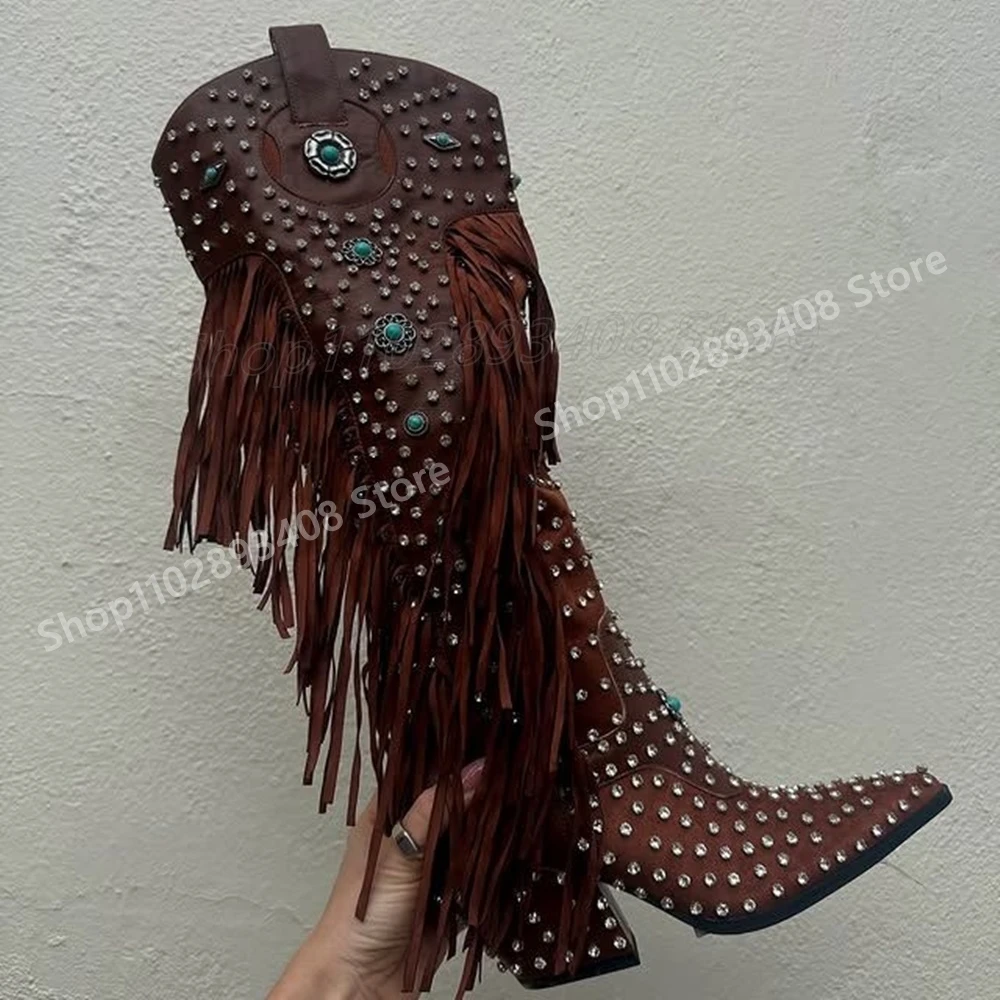 

Brown Mutil Crystals Fringe Decor Mid Calf Boots Westren Girls Chunky High Heel Fashion Hot Girls Women Shoes 2025 Para Mujere