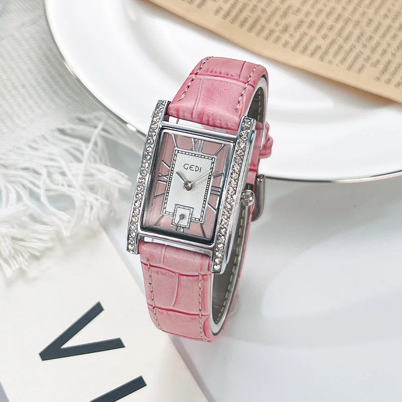 

Маленькие квадратные часы в стиле ретро, нишевые высококачественные студенческие часы, женские кварцевые часы с цветным поясом дофамина